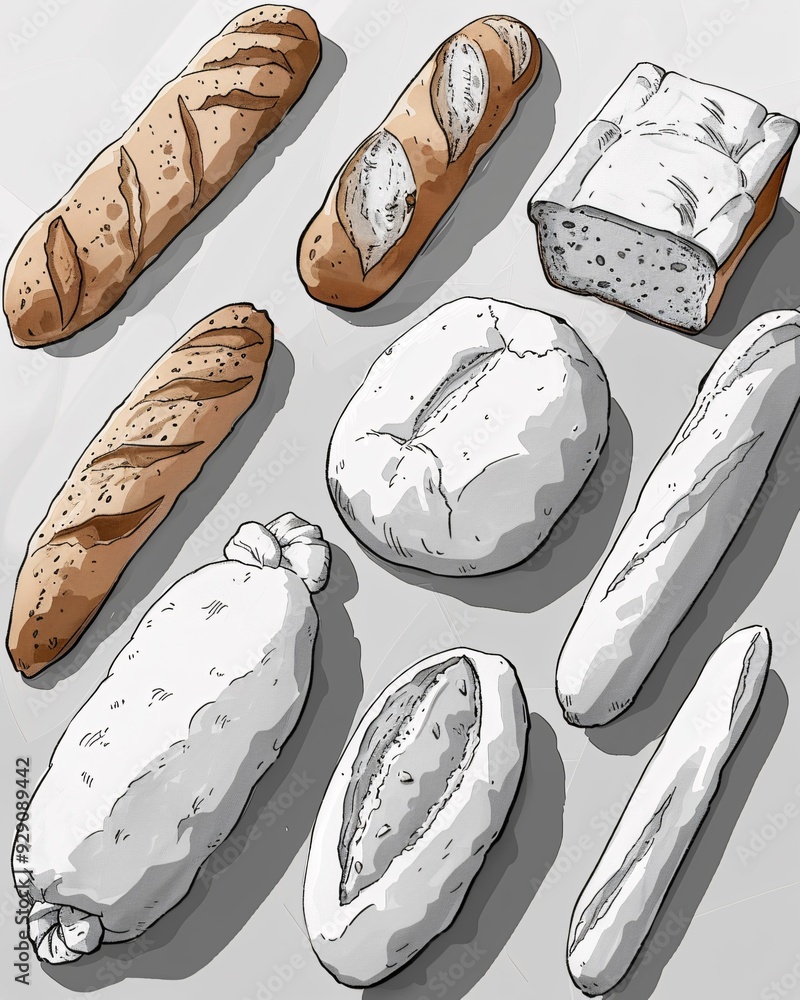 Poster bread types line art sketch on paper background - a group of breads and loaves of bread