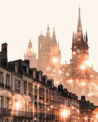 Fototapeta premium Bordeaux: Silhouette Skyline Double Exposure Art Poster - A city with a castle in the background