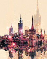 Obraz premium Adelaide Skyline: Iconic Architecture in Double Exposure - A city with many tall buildings