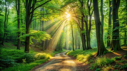 Obraz premium Serene forest landscape with a winding dirt path, vibrant green foliage, and sunbeams filtering through trees, evoking a sense of peace and harmony with nature.