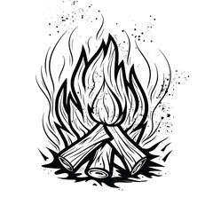 Minimalist black and white illustration of a campfire, designed in a tattoo style.
