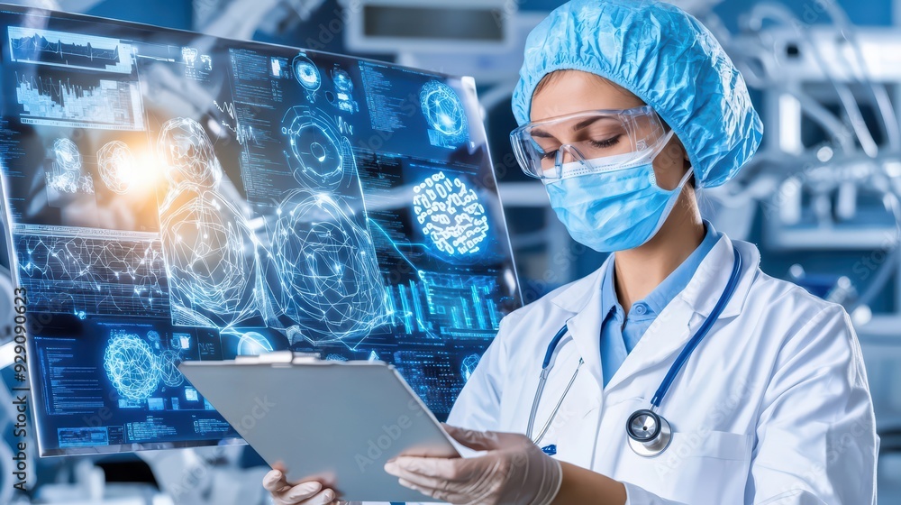 Poster scientist in lab coat examines data on digital screen with advanced medical technology in modern lab