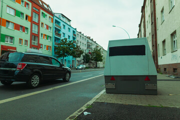 A mobile speed measuring device parked on the sidewalk, radar control, police speed control