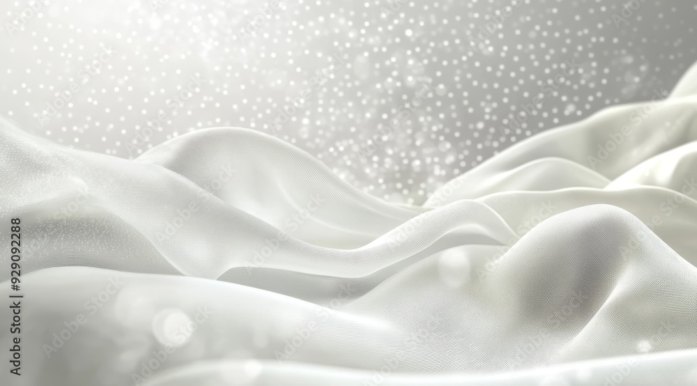 Poster an abstract image of flowing white fabric with shimmering light particles creating a dreamy atmosphe