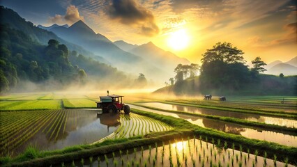 Fototapeta premium Serene landscape of lush green rice fields being planted by a tractor, with misty morning fog and sun peeking through the hills in the background.