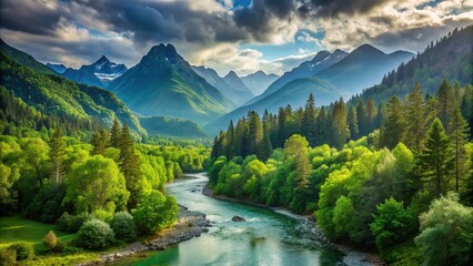 Serene landscape of lush green forest surrounded by majestic mountains, with a meandering river flowing gently, symbolizing harmony between nature and the environment.