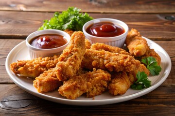 Crispy Chicken Tenders with Ketchup Dipping Sauce on White Plate