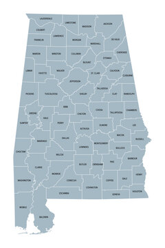 Alabama, U.S. state, gray political map with borders and county names. State in the Southeastern region of United States, subdivided into 67 counties. Nicknamed Yellowhammer State, and Heart of Dixie.