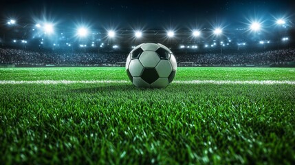 Fototapeta premium Soccer Ball on a Stadium Field at Night