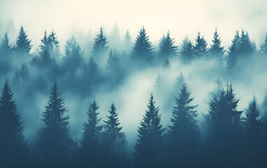 Fototapeta premium Forest and nature day beautiful fir forest obscured by fog. 