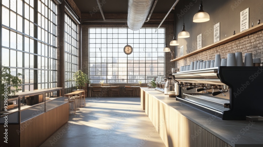 Poster a modern cafe features a minimalist design with large windows, wooden counters, and an espresso mach