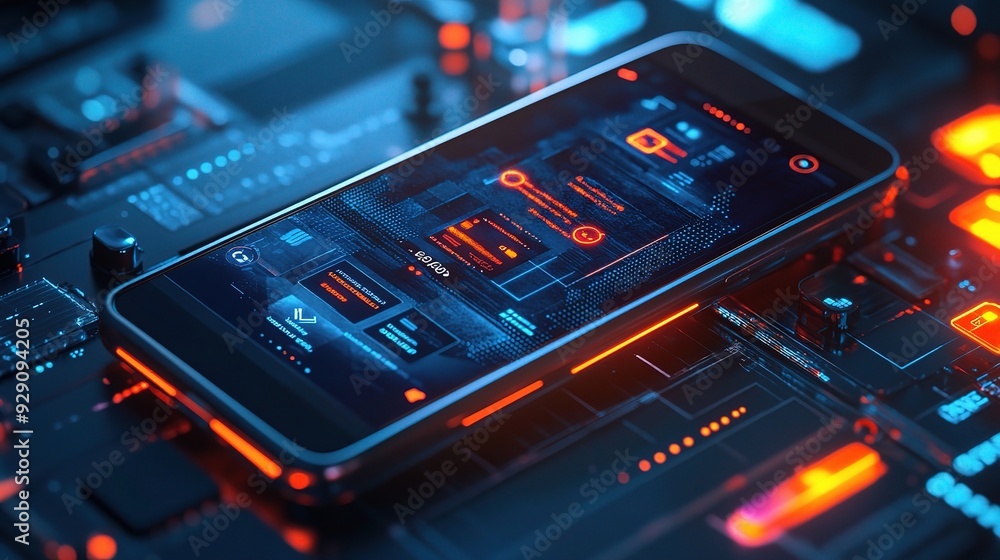 Poster cybernetic interface: a smartphone pulsates with vibrant data streams, nestled within a futuristic m