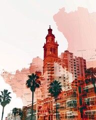 Naklejka premium Las Palmas de Gran Canaria Skyline Art Poster - A city with palm trees and a tower