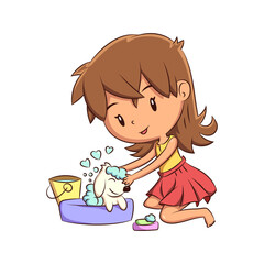 Girl giving the dog a bath