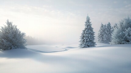 Fototapeta premium Silent Majesty: A snowy landscape, bathed in ethereal winter light, with snow-laden fir trees standing tall amidst a pristine expanse of white. 