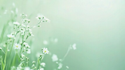 Delicate White Flowers in Soft Green Meadow:  A gentle and peaceful scene of delicate white wildflowers blooming in a soft green meadow. The blurred background creates a dreamy and serene atmosphere, 