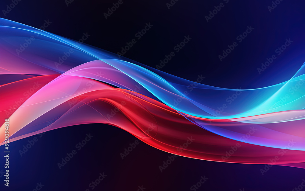 Poster vibrant abstract blue and red waveform with fluid motion and colorful gradients.