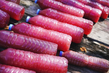 Pile of effective micro organisms water (EM) in plastic bottles. EM from Bio-fermentation consists of vegetables, fruits and sugar to bio extract.Useful for agriculture or household cleaning.