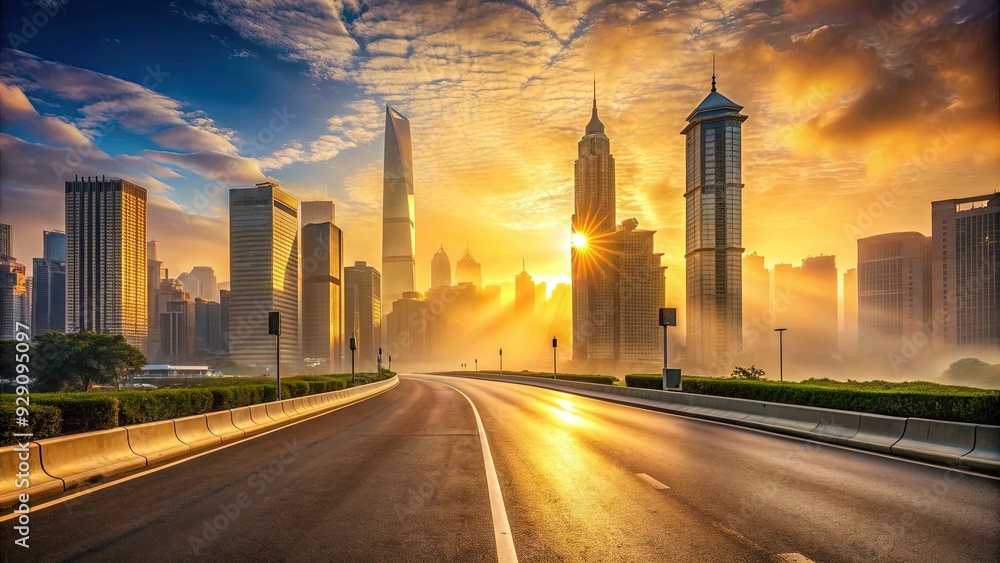 Wall mural serene morning scene of a deserted city road lined with towering skyscrapers, bathed in warm golden 