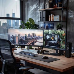 Stylish Workspace with Dual Monitors and Organized Desk