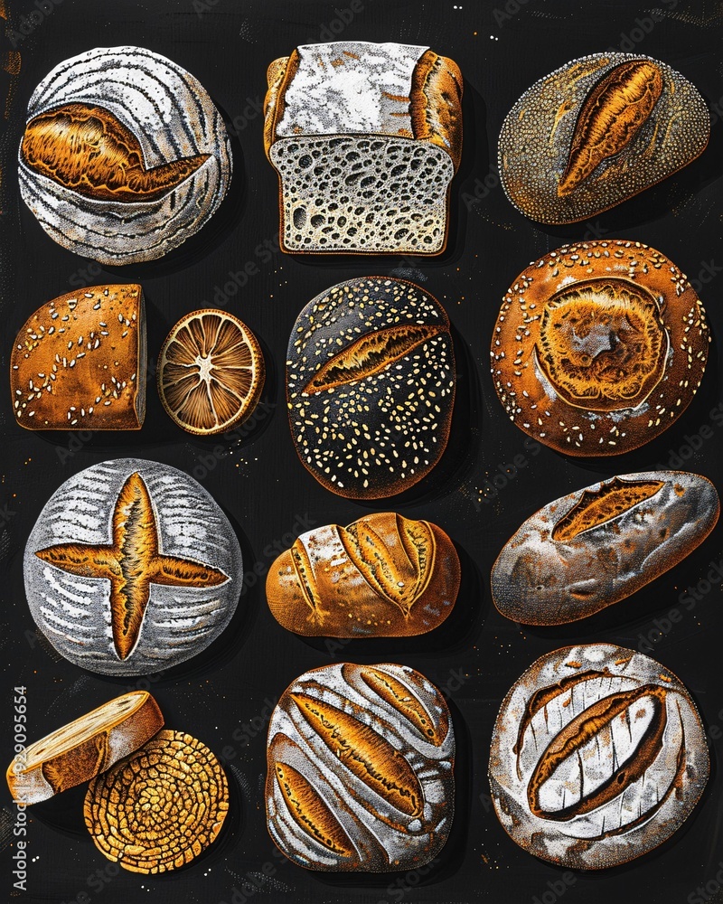 Poster bread line art bright canvas sketch - a group of different types of bread