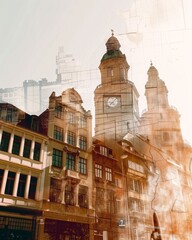 Fototapeta premium Leipzig Skyline Double Exposure Cityscape Minimalist Poster - A building with a clock tower