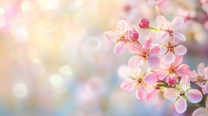 Spring Blossoms in Soft Light: Delicate pink cherry blossoms bathed in soft, warm sunlight, a gentle reminder of nature's beauty and renewal. 