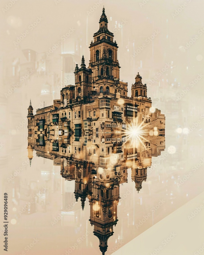 Poster zejtun azure skyline iconography composite art - a building with a tower and a tower