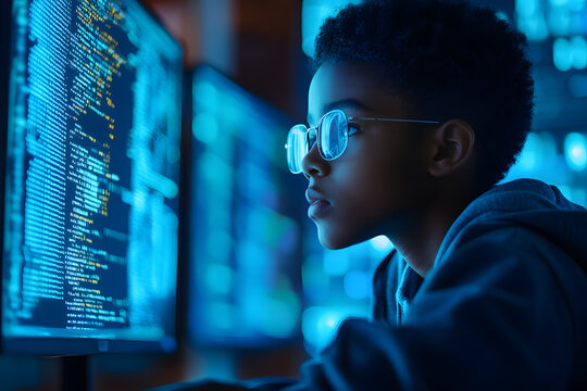  IT young primary school student studying at computer learning digital code in data and online software ai cyber security threats