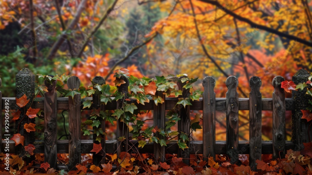 Poster a rustic wooden fence is adorned with colorful ivy as vibrant autumn leaves create a picturesque bac