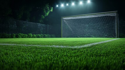 Fototapeta premium Soccer Goal Under the Lights: A Night Game Ready to Begin
