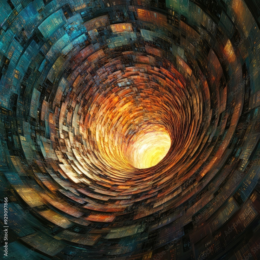 Poster a 3d search engine logo in the center of a swirling vortex of data, symbolizing the epicenter of inf