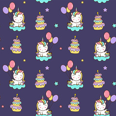 Seamless pattern with unicorns, birthday concept. Gentle backgrounds in dark colors. Unicorn wallpaper.