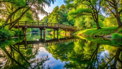 Serene stillwater reflections beneath a rustic wooden bridge surrounded by lush greenery and overhanging trees in a tranquil rural landscape.