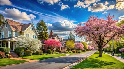 Serene suburban street scene with blooming trees, historic homes, and manicured lawns under a bright blue sky with puffy white clouds.