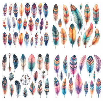 Hand drawn watercolor feather set. Boho style. illustration iso
