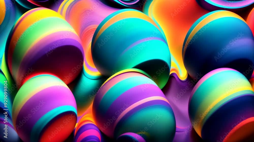 Wall mural looped seamless animation with colorful 3d sphere drop bubbles and bright ink waves, abstract wavy f