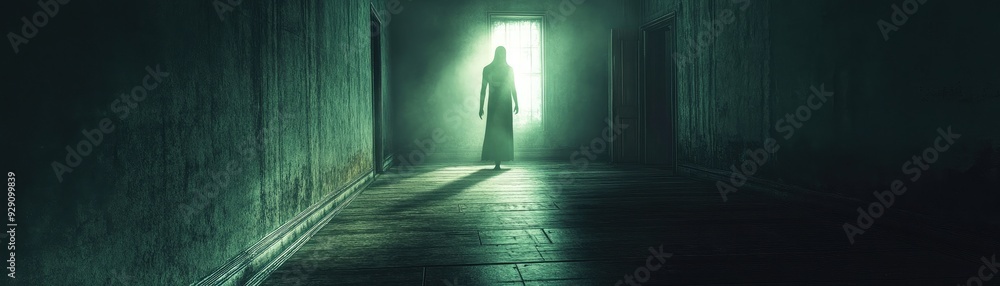 Poster dark room with only a slight glow from where the invisible ghost stands, its form barely perceptible