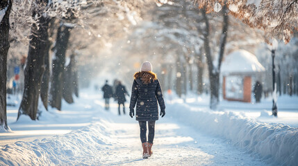 Naklejka premium Winter scene of a person walking through a snow-covered park, capturing the essence of calm, solitude, and the beauty of winter. Snowflakes gently fall in a peaceful atmosphere.