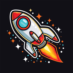 A vibrant cartoon-style rocket launching into space