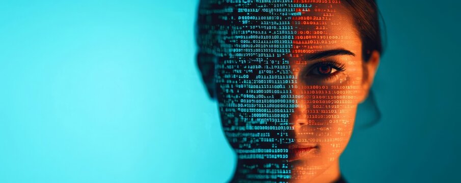 A face half in shadow, the other side distorted by stress, with digital code flowing through, anxiety, stress, dependency, digital stress and identity