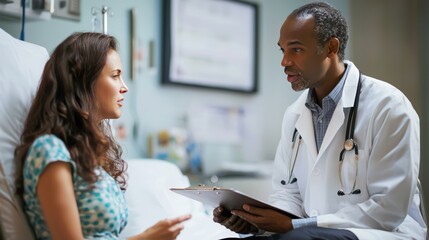 Fototapeta premium Doctor speaking with a patient in a hospital room, both seated and engaged in conversation. The doctor holds a clipboard, while the patient appears attentive and reassured.