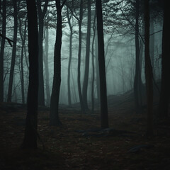 Obraz premium Spooky haunted forest shrouded in thick fog with dark shadows and eerie atmosphere, mysterious trees creating a chilling and ghostly ambiance, perfect for Halloween or horror-themed backgrounds