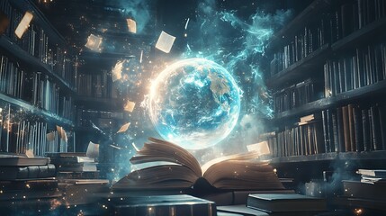 Obraz premium A glowing Earth emerges from an open book in a mystical library.