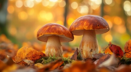 A remarkably beautiful closeup view of various mushrooms nestled among vibrant autumn leaves and warm light