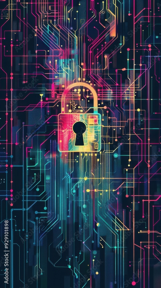 Poster padlock on circuit board with data flow