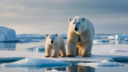 White Polar Bears Family, Arctic Wildlife, Mother and Cub in Winter, North Pole Illustration