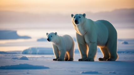 Fototapeta premium White Polar Bears Family, Arctic Wildlife, Mother and Cub in Winter, North Pole Illustration