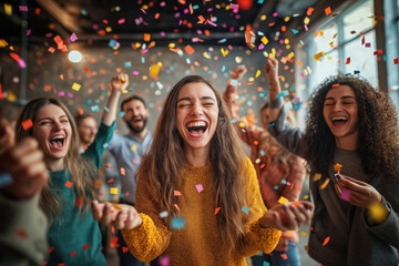 Diverse Group Of People Celebrating With Confetti And Laughter After A Busy Day Or Week