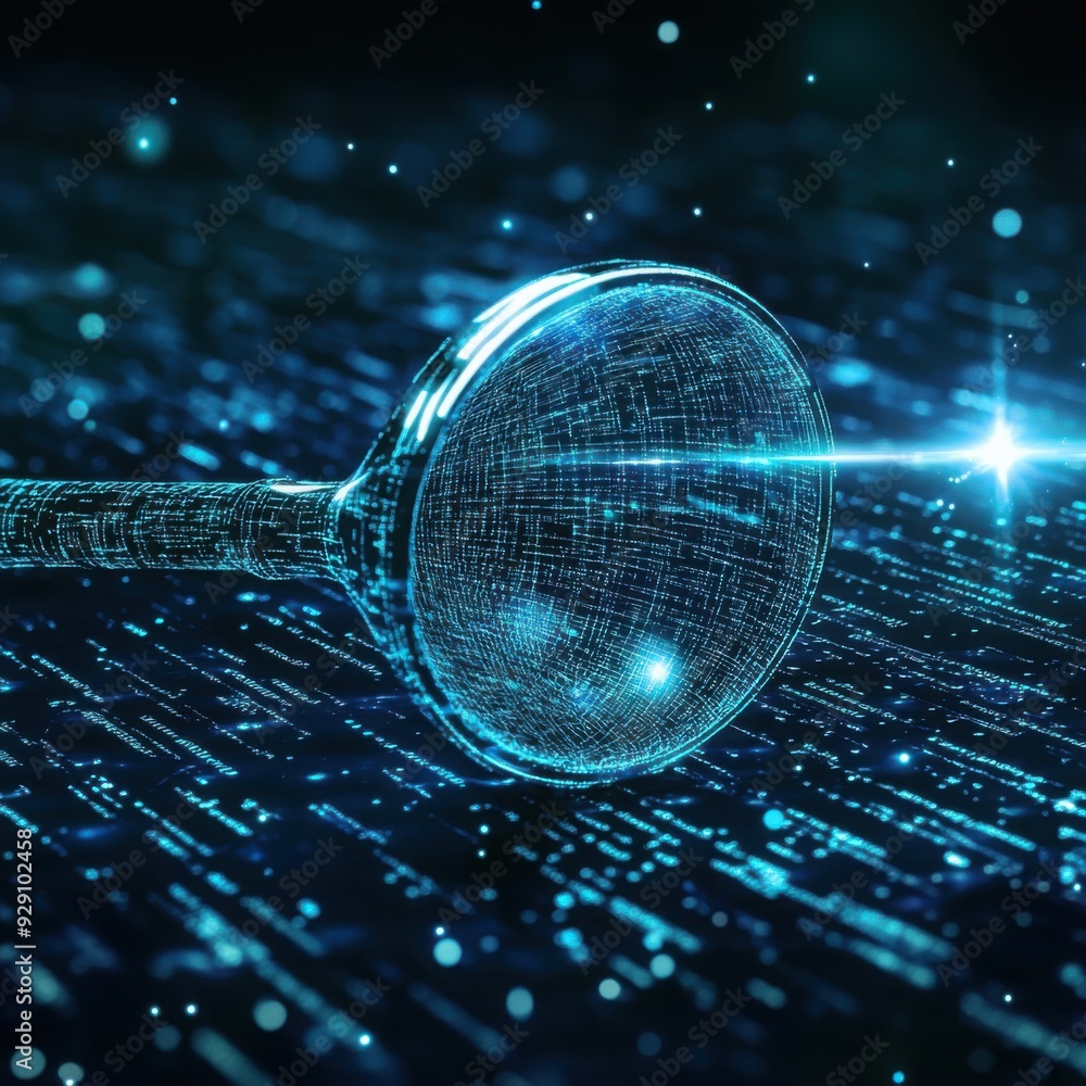 Poster a 3d magnifying glass focusing light beams on search results floating in a virtual space, symbolizin